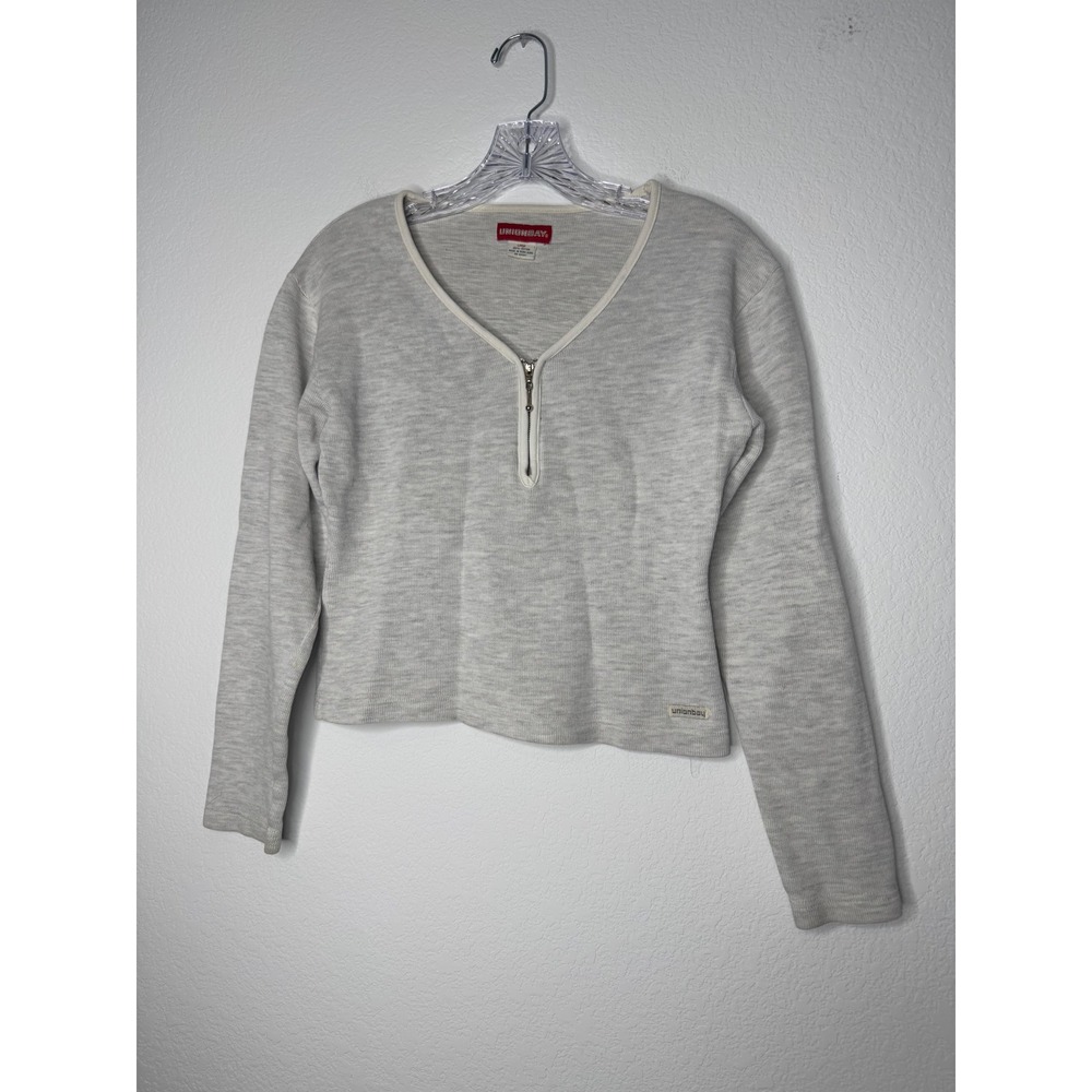 Y2K Unionbay Vintage Gray 1/4 Zip Long Sleeve Crop Top‎ Womens Size L Skater Boi